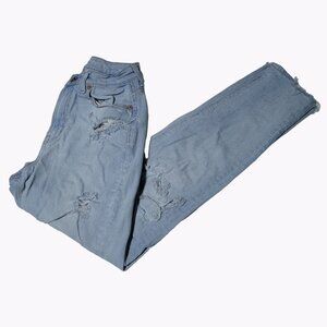 American Eagle Mom Jeans Womens Size 00 Skinny Mid Rise Light Wash Ripped Denim